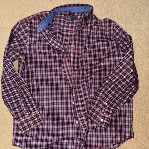 Chaps Easy Care Men's L/S Cotton Blend Button Red White Blue Plaid Shirt
